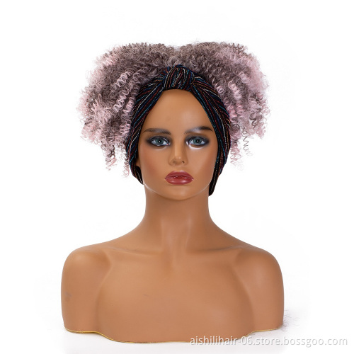 wholesale cheap heat resistant headband wig brown kinky curly fiber synthetic hair wigs for black women